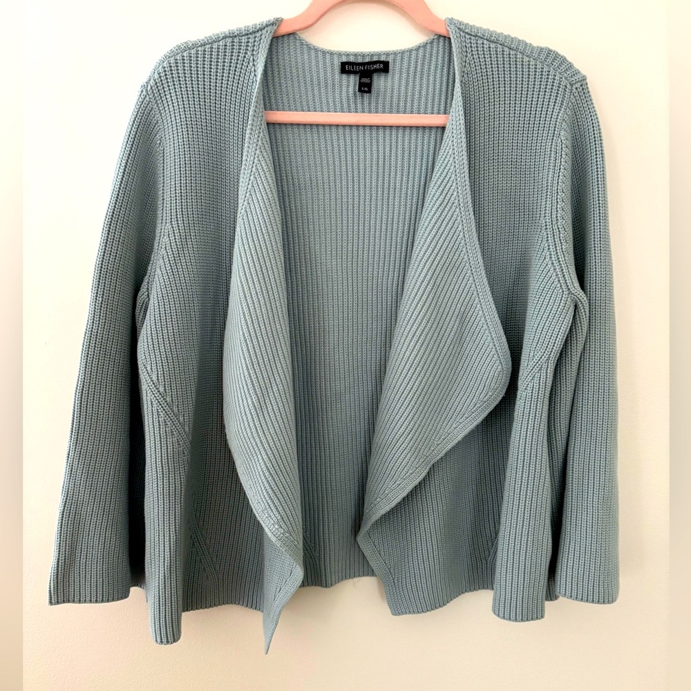 Eileen Fisher Light/Dusty Blue Large Thick Cotton Blend Sweater Oversized Lapels